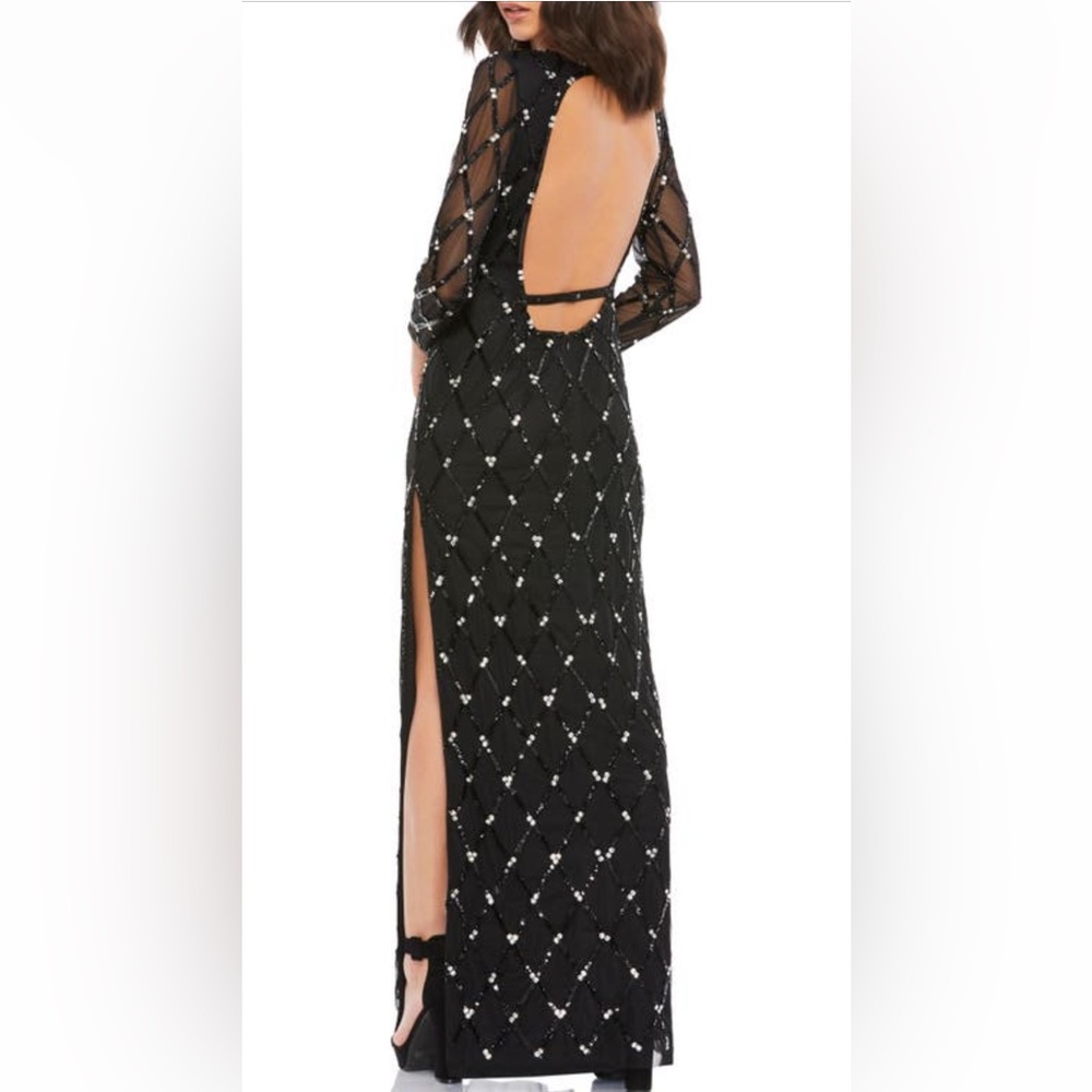 Mac Duggal Sequin Lattice Open Back Long Sleeve Sheath Gown